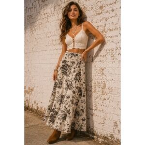 Vintage Express Cream Brown Rayon Maxi Skirt Floral Toile Toile 5/6 Small Medium